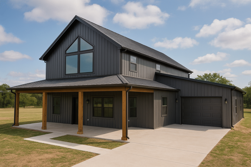 modern barndominium in rural landscape